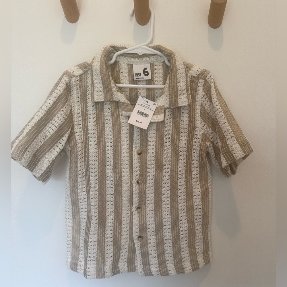 Striped Crochet-Style Button Front Shirt - Cream & Tan